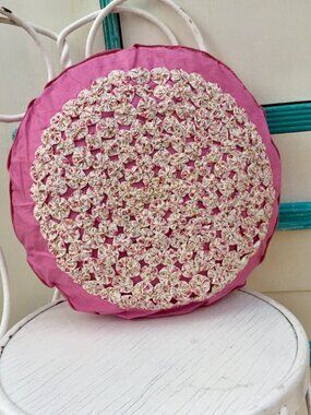 Vintage Mid Century Smocked Pillow, Pink Floral Fabric Yo-Yo Quilting Round